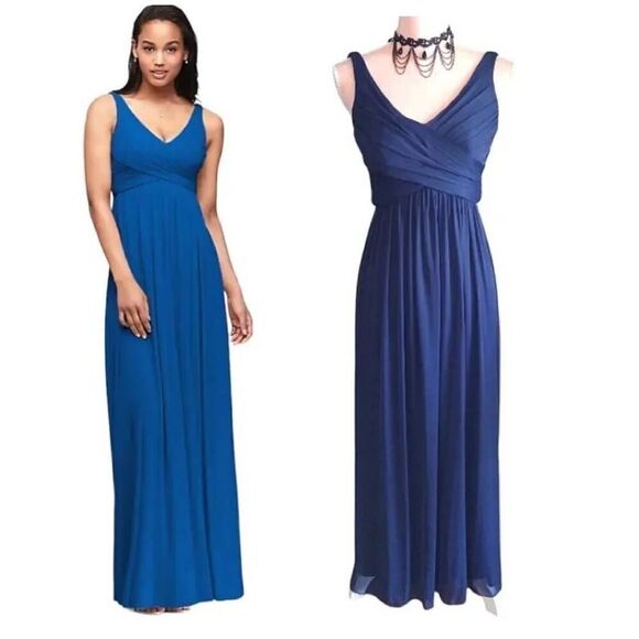 David's Bridal Marine Blue Long Mesh Cowl Back Sleeveless Formal Dress Size 2 - Picture 1 of 15